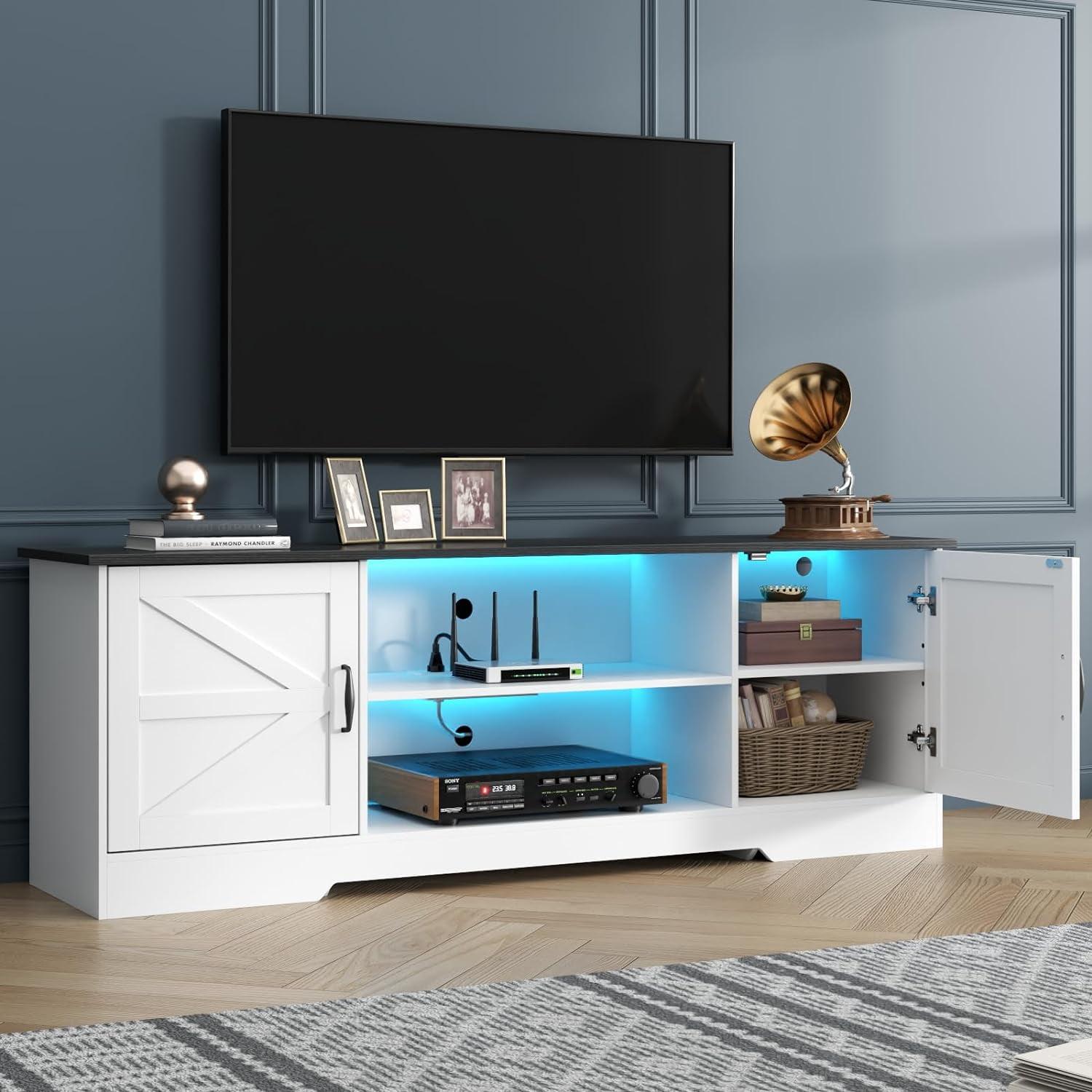 White Farmhouse TV Stand with LED Lights and Storage