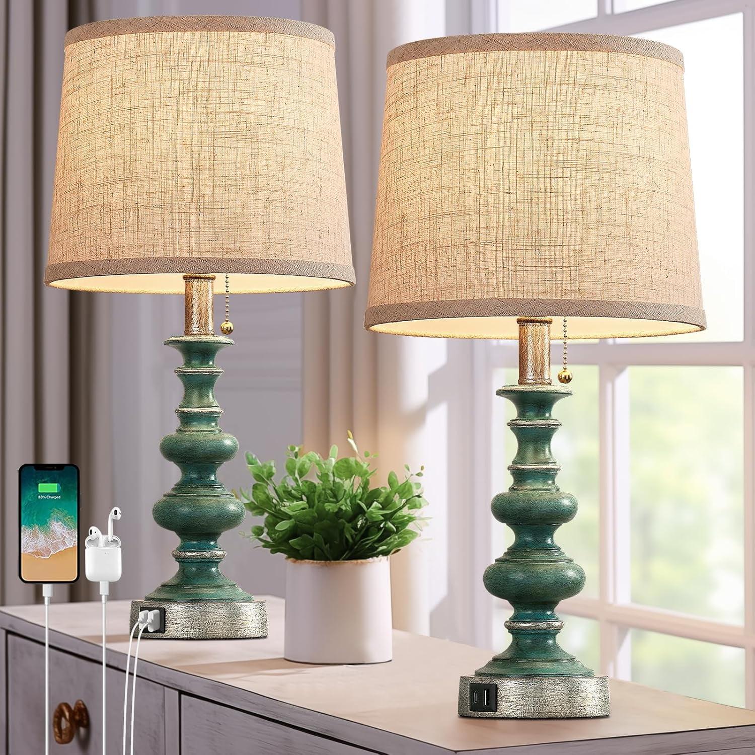 Green Resin Farmhouse Table Lamp Set with USB Ports