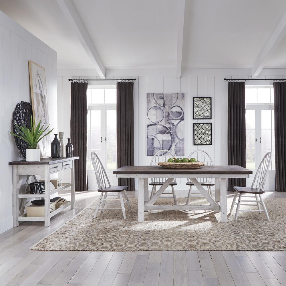 White Farmhouse 5-Piece Trestle Table Set with Windsor Chairs