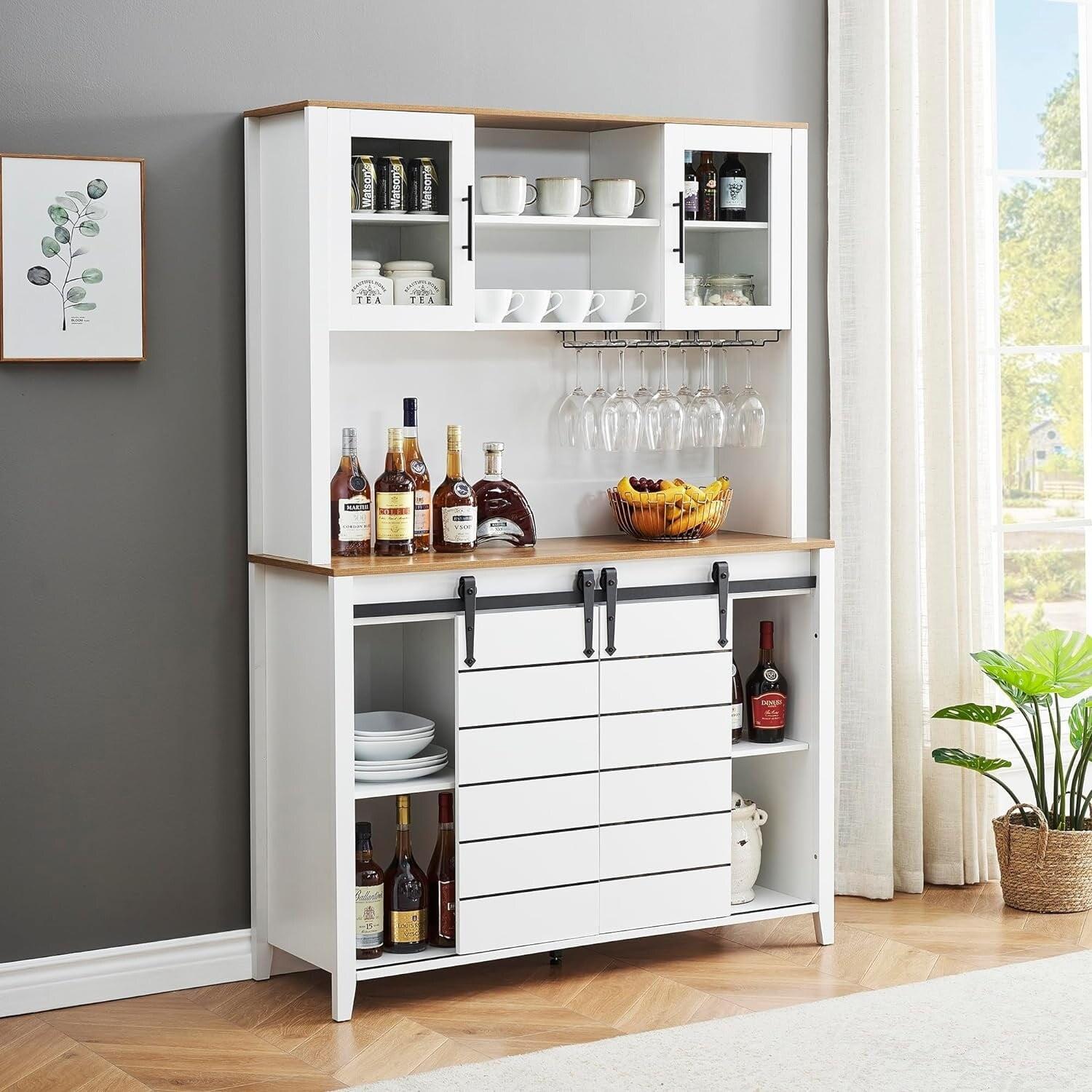 White Farmhouse Sliding Door Wine Cabinet with Rack