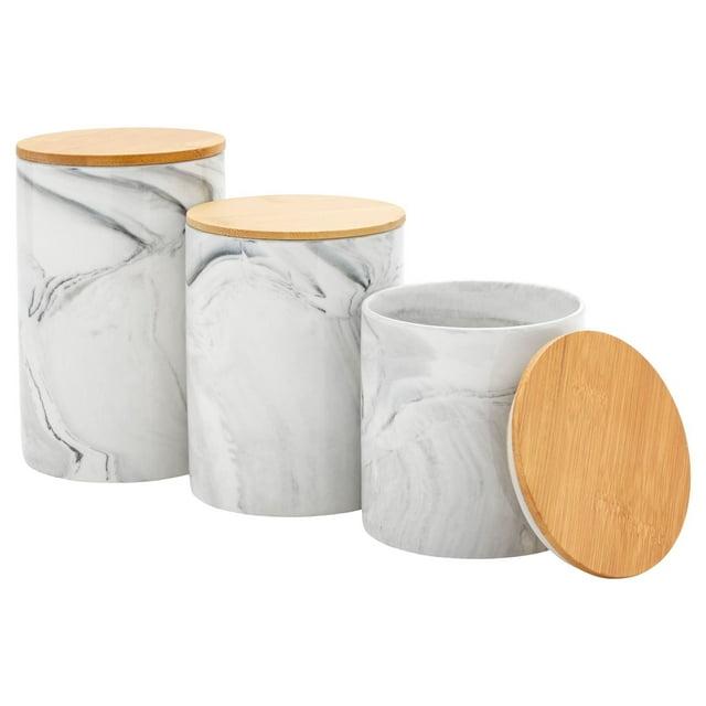 Farmlyn Creek Set of 3 Marble Ceramic Canisters with Wooden Bamboo Lids, Kitchen Counter Containers, Food Storage Jars, 3 Sizes