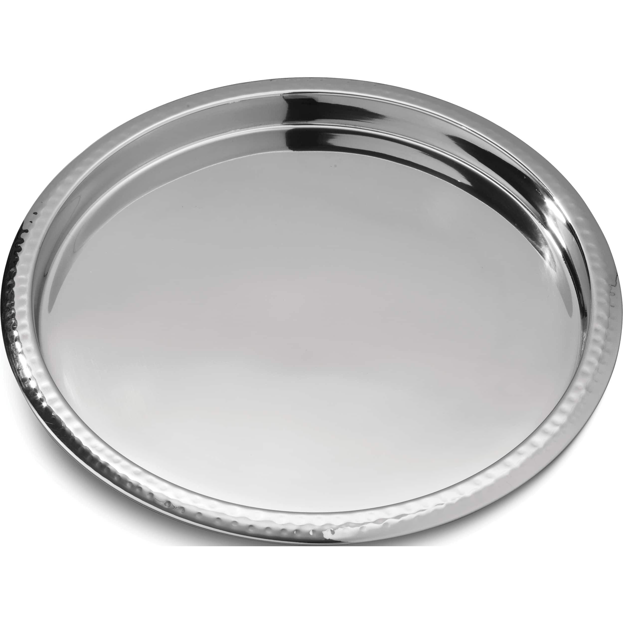 Elegance 14" Silver Stainless Steel Hammered Rim Bar Tray