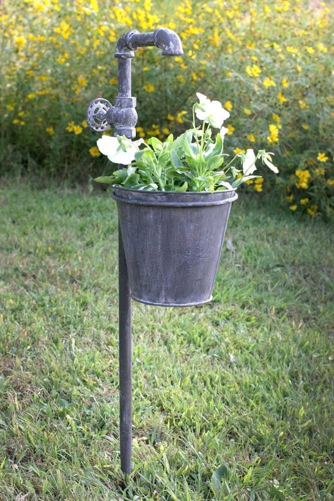 Rustic Faucet Garden Stake with Metal Planter