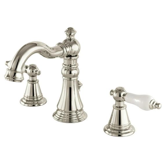 Kingston Brass English Classic Two-Handle 3-Hole Deck Mount Widespread Bathroom Faucet with Brass Pop-Up Drain