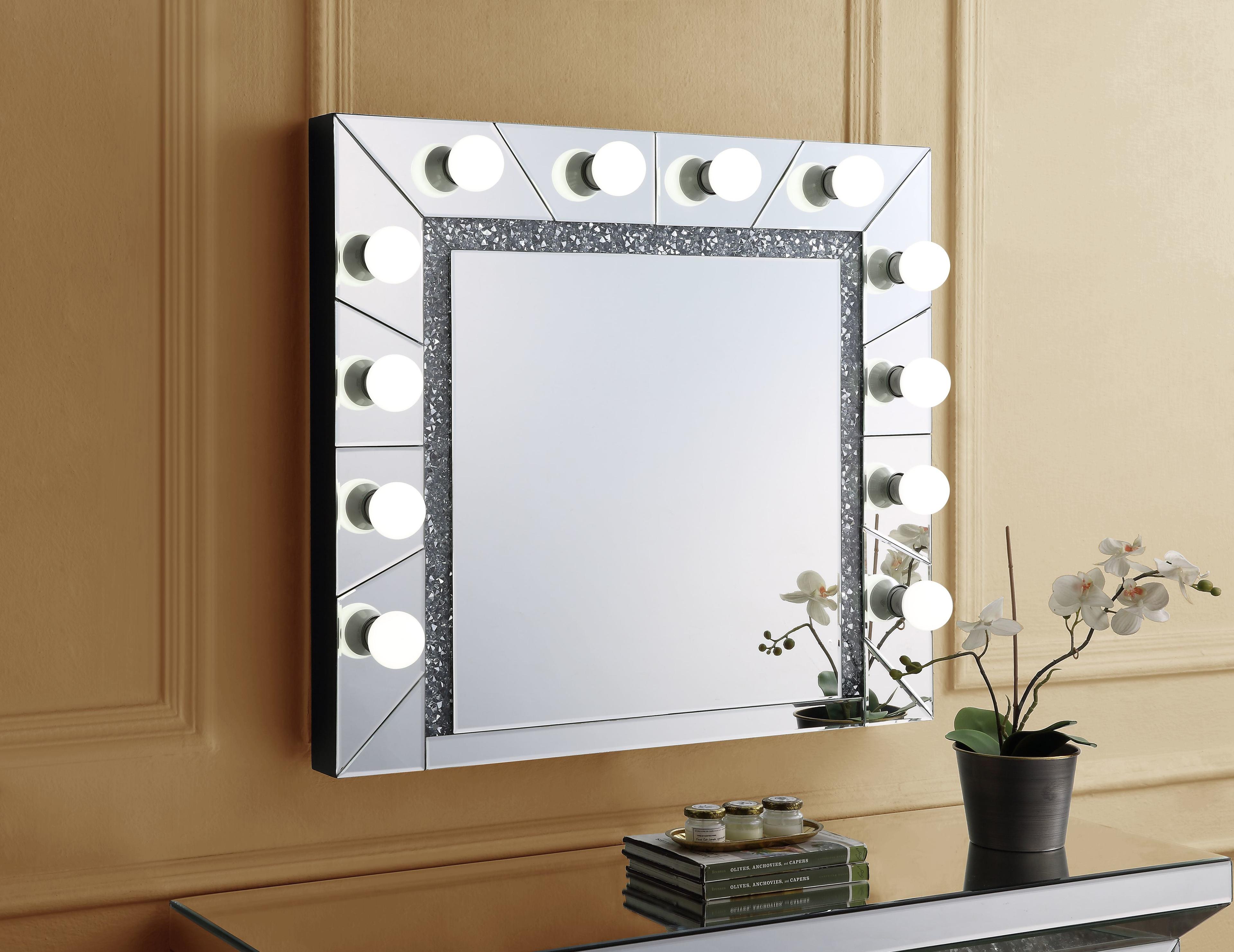 Noralie Rectangular Wood and Silver Hollywood Mirror with Faux Diamond Trim