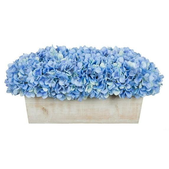Faux Hydrangeas in White Wood Washed Ledge Planter Blue
