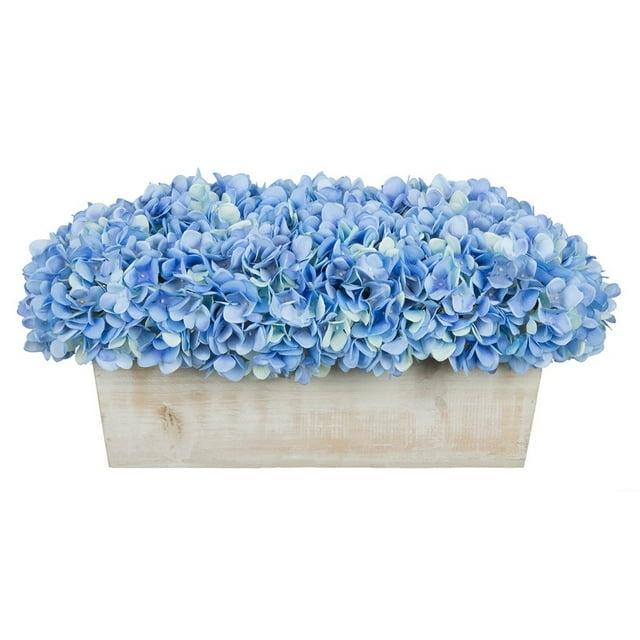Faux Hydrangeas in White Wood Washed Ledge Planter Blue
