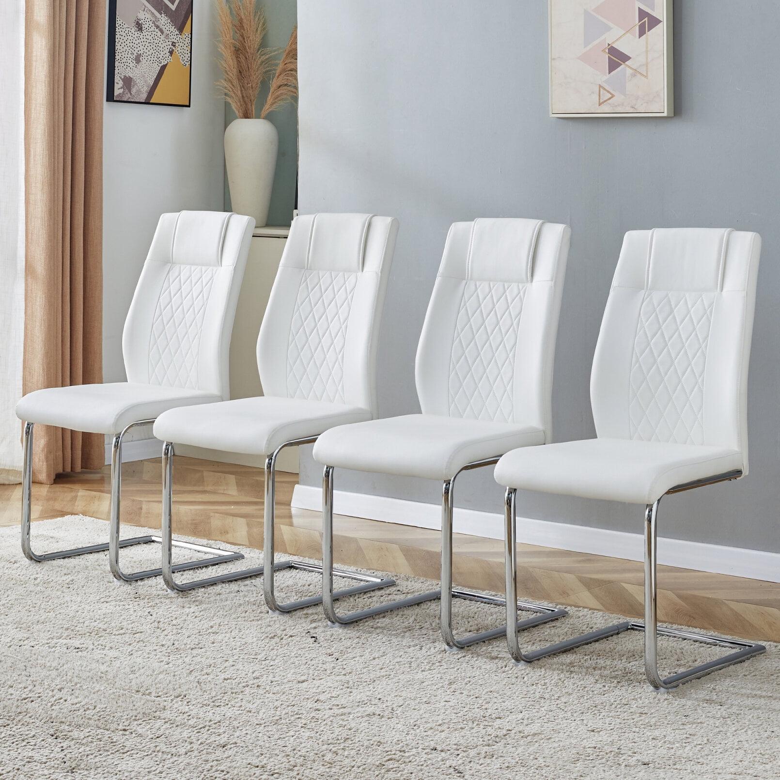 Faux Leather Dining Chairs Set of 4, PU Leather Accent Chairs with Backrest, Metal Legs, 4pcs Armless Parsons Chair for Bed Room,Kitchen, Living Room, White+Silver