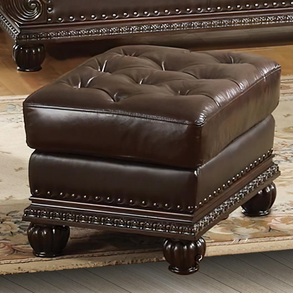 Espresso Brown Faux Leather Tufted Ottoman with Nailhead Trim