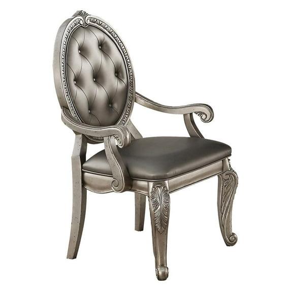 Set of 2 24" Northville PU Dining Chairs Antique Silver - Acme Furniture: Queen Anne Style, Tufted Back