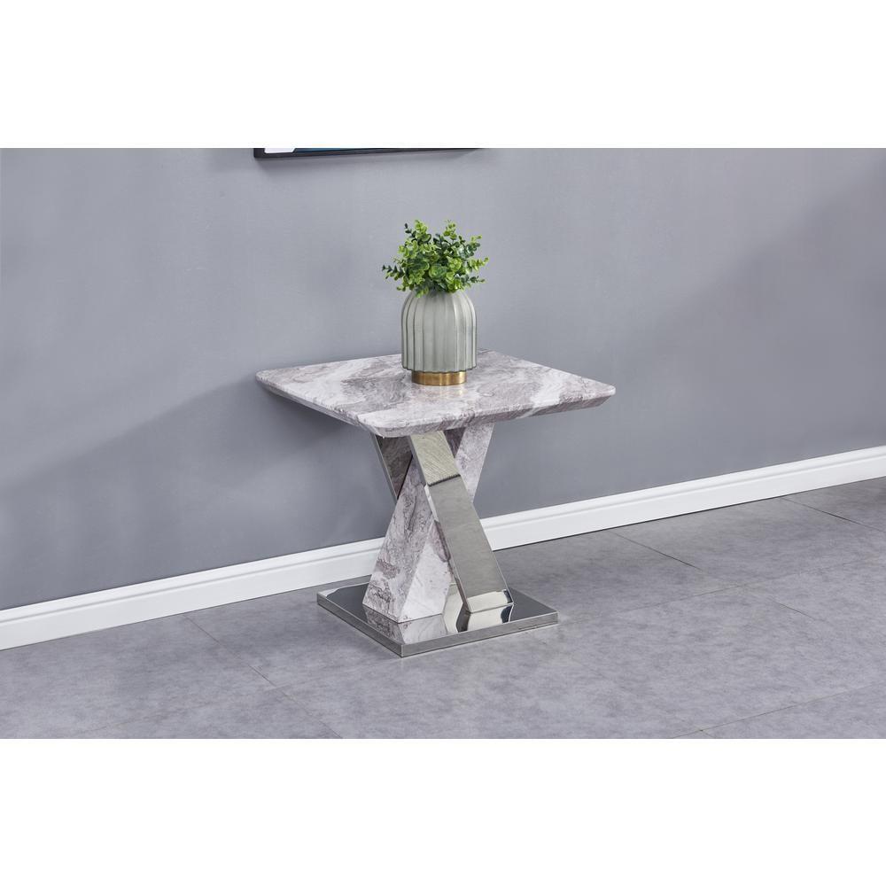 White Faux Marble End Table with Silver Metal Base