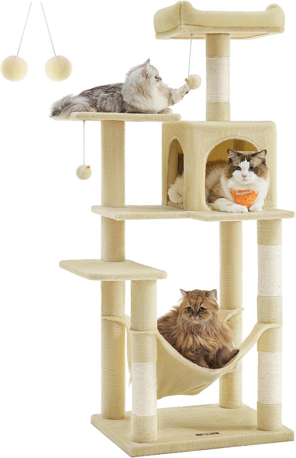 Feandrea Cat Tree, 56.3-Inch Cat Tower for Indoor Cats, Multi-Level Cat Condo with 4 Scratching Posts, 2 Perches, Hammock, Cave, Beige