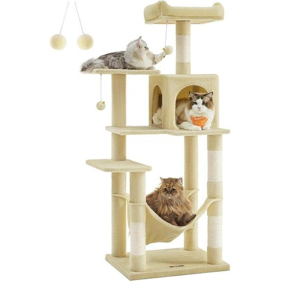 Feandrea Cat Tree, 56.3-Inch Cat Tower for Indoor Cats, Multi-Level Cat Condo with 4 Scratching Posts, 2 Perches, Hammock, Cave, Beige