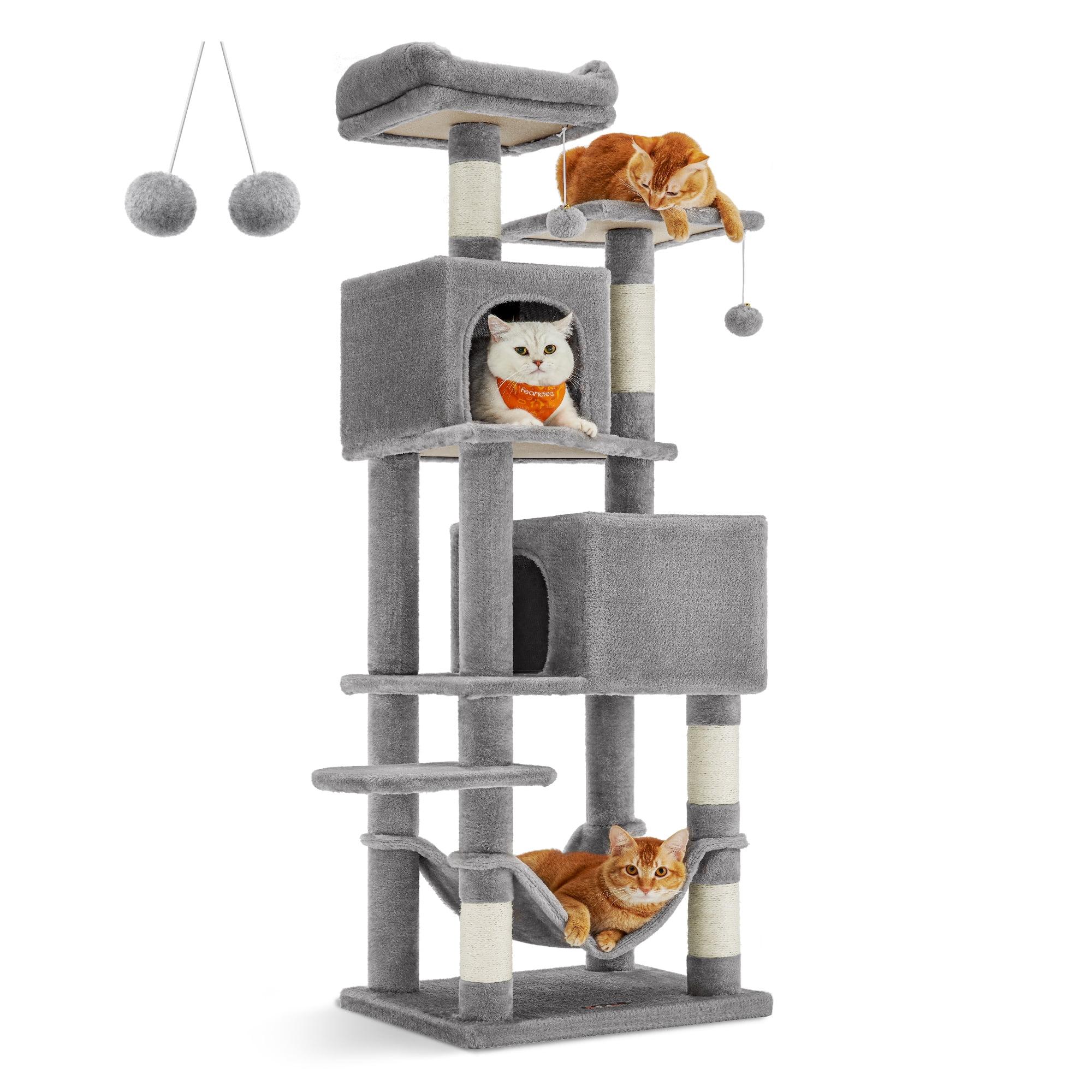 Light Gray Plush Multi-Level Cat Tree with Hammock and Caves