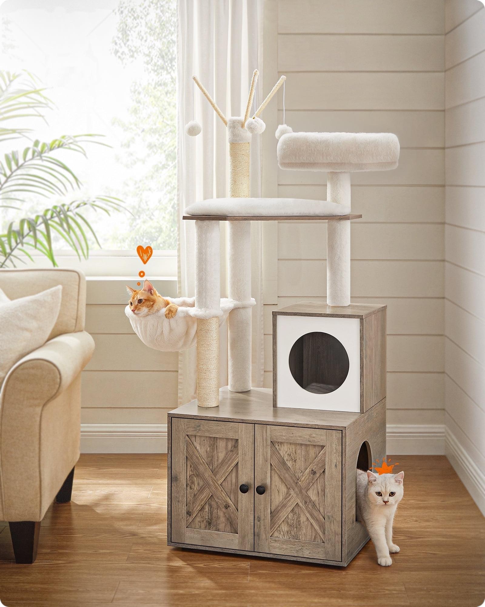 Feandrea WoodyWonders Cat Tree with Litter Box Enclosure, 2-in-1 Modern Tower, Furniture Hidden, Cat Condo with Scratching Posts Greige