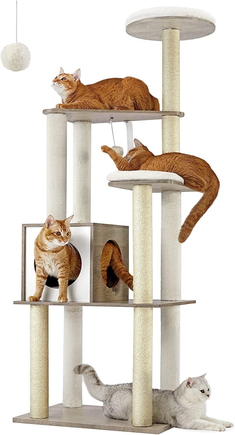 Feandrea WoodyWonders Cat Tree, 65-Inch Modern Cat Tower for Indoor Cats, Multi-Level Cat Condo with Scratching Posts, Cat Furniture, Greige