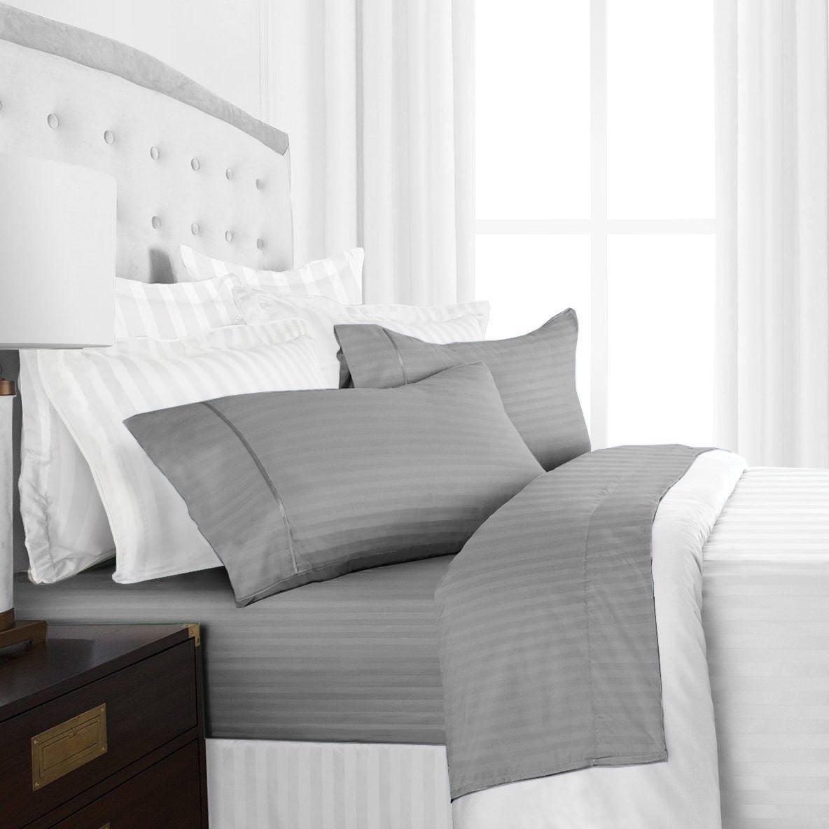 Feather & Stitch NY Luxurious 500 Thread Count Sateen Damask Stripe | 100% Cotton Bedding sheet set | 18" Deep Pocket |