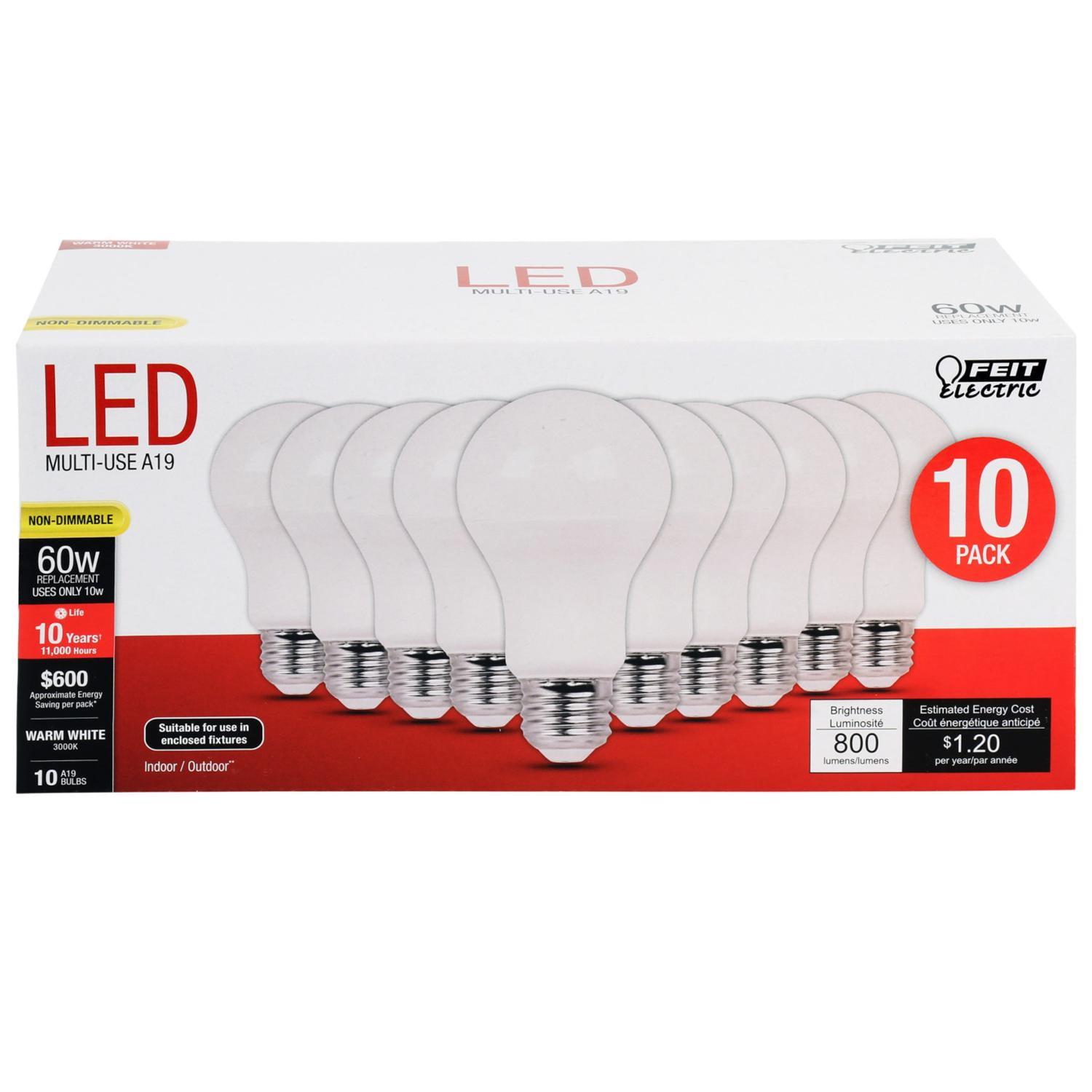 Feit Electric 10-Pack Warm White A19 LED Bulbs