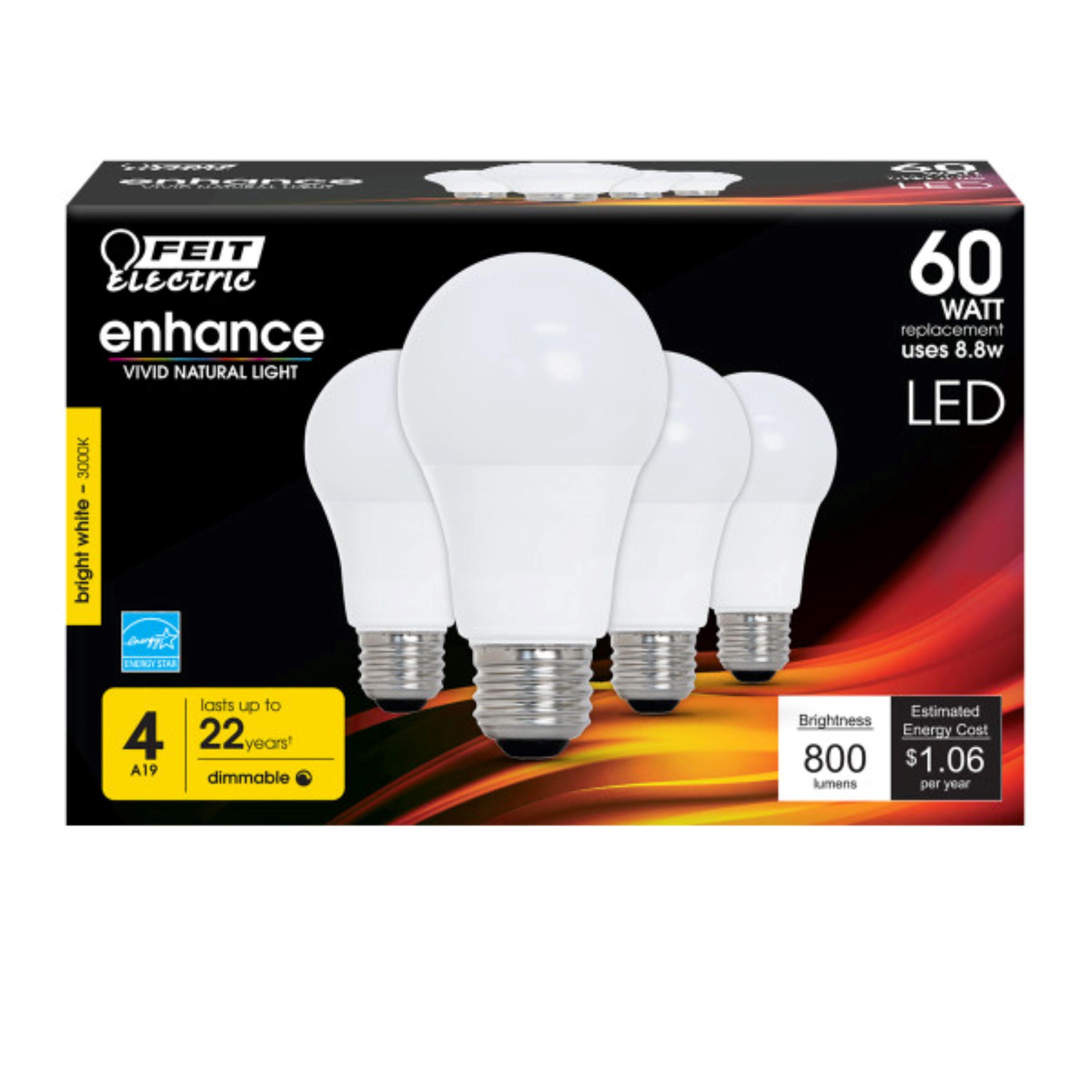 Feit Electric A19 E26 (Medium) LED Bulb Bright White 60 Watt Equivalence 4 pk