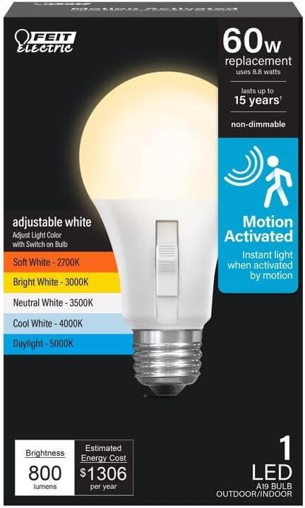 Feit Electric LED Motion Sensor Light Bulb, A19 60W Equivalent, 5CCT, Non-Dimmable, E26 Medium Base, 90 CRI, 800 Lumens, Standard Light Bulb with Switch on Bulb, 15-Year Lifetime, OM60/5CCTCA/MM/LEDI