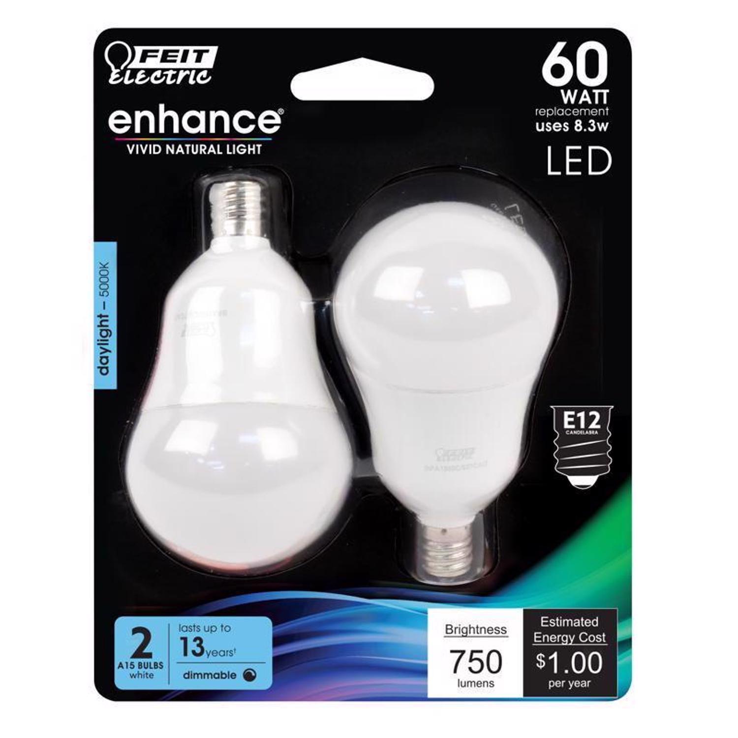 Feit Enhance A15 E12 (Candelabro) Bombilla LED de Filamento Luz Diurna Equivalente a 60 Vatios, Paquete de 2