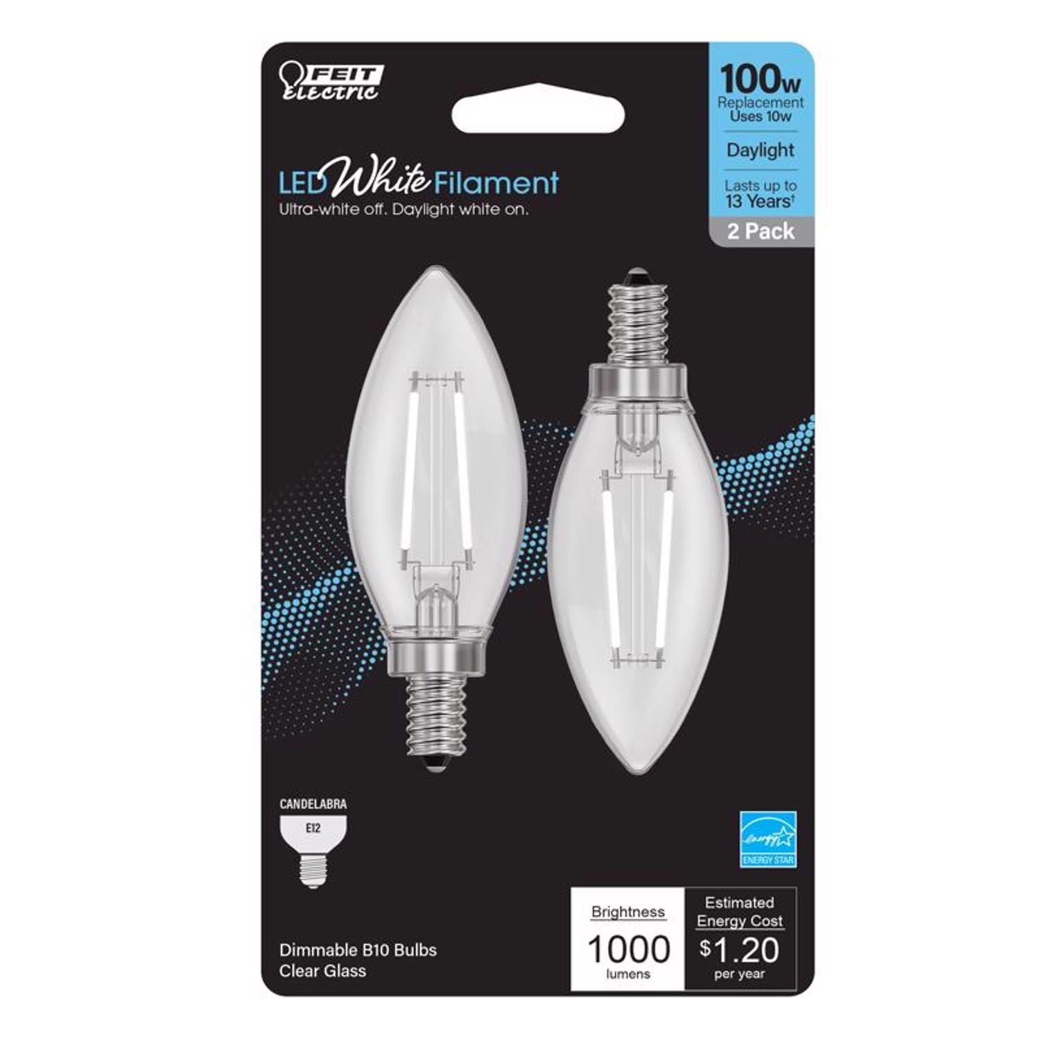 Feit LED Filament B10 E12 (Candelabra) Filament LED Bulb Daylight 100 Watt Equivalence 2 pk