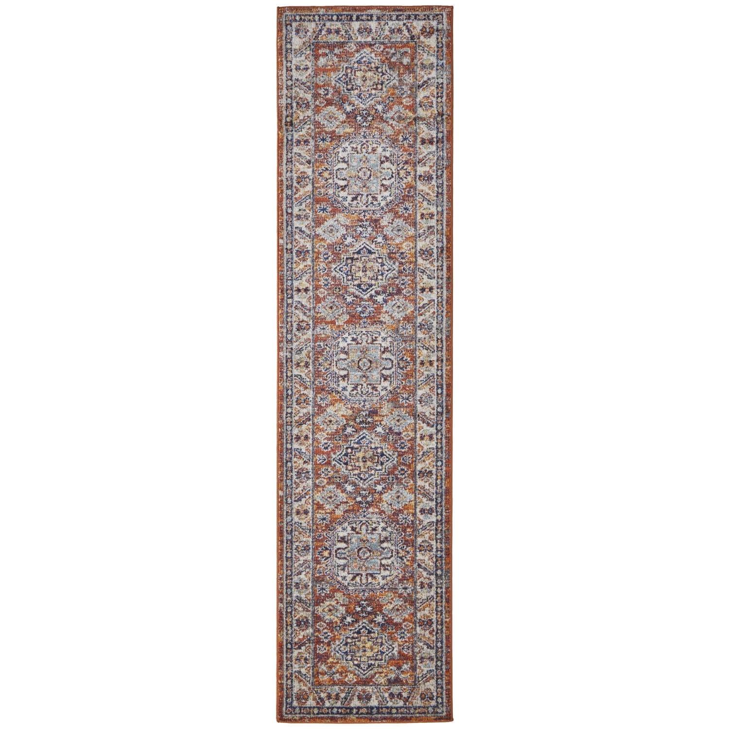 Feizy Bellini Transitional Medallion, Red/Orange/Ivory, 2' x 10' Runner Easy Care Stain Resistant Fade Resistant Casual Distressed Floor Rug for Living room Bedroom