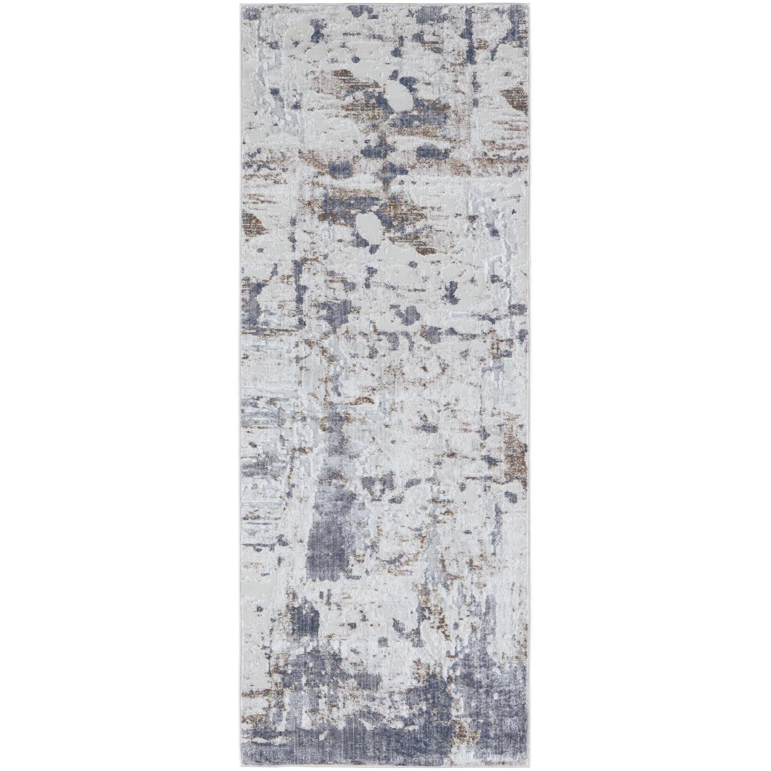 Feizy Laina Transitional Abstract, Ivory/Gray/Blue, 3' x 10' Runner Easy Care Pet & Kid Friendly Stain Resistant Industrial Watercolor Floor Rug for Living room Bedroom