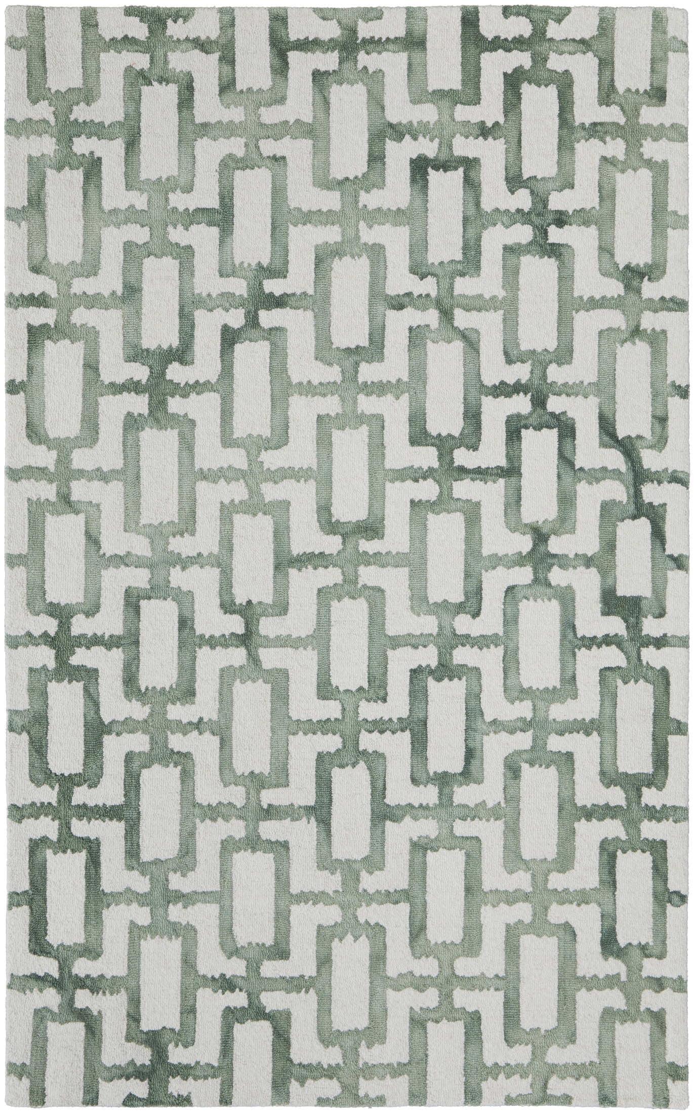 Ivory and Green Geometric Wool 8' x 11' Area Rug