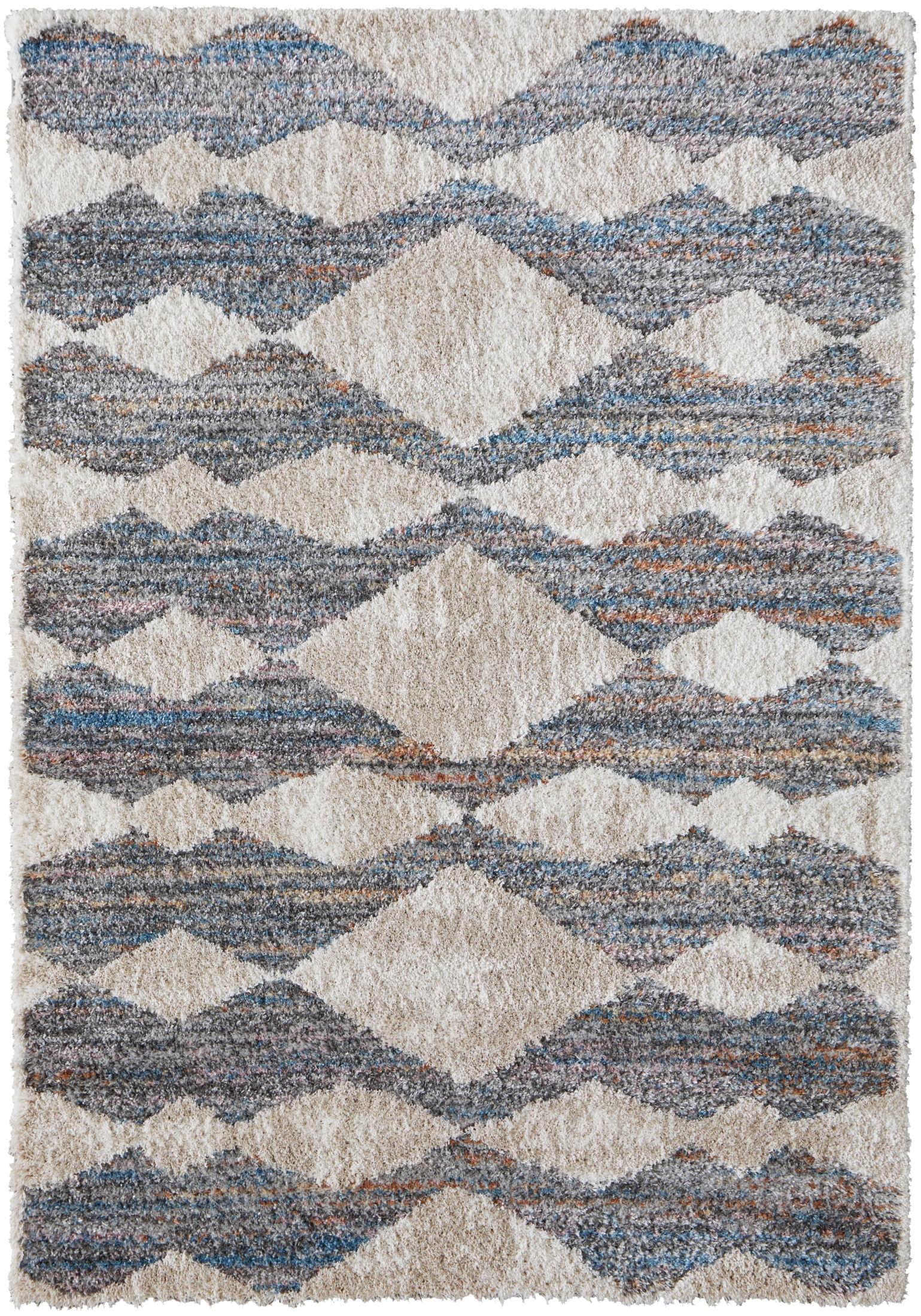 Feizy Mynka Transitional Diamond, Tan/Ivory/Blue, 10' x 14' Area Rug Stain Resistant Water Resistant Fade Resistant Bohemian & Eclectic Stripes Design Carpet for Living Dining Bed Room