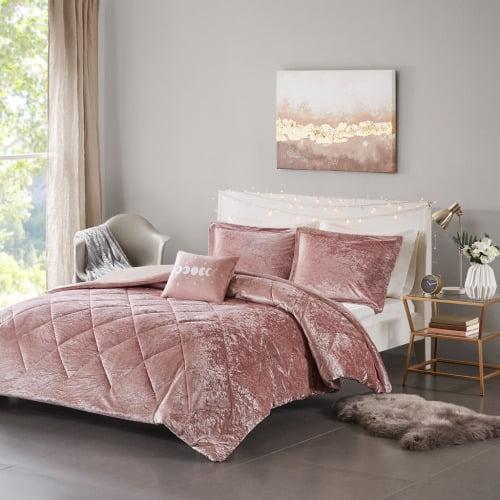 Blush Twin Velvet Bedspread Set with Decorative Pillow