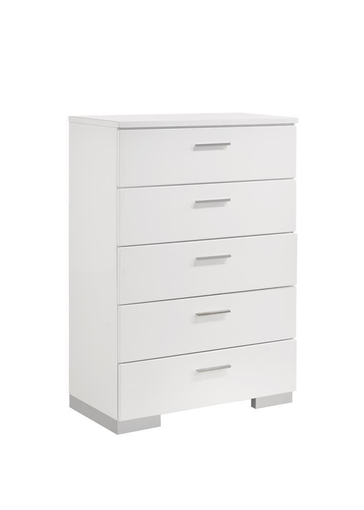 Glossy White 5-Drawer Chest with Chrome Handles