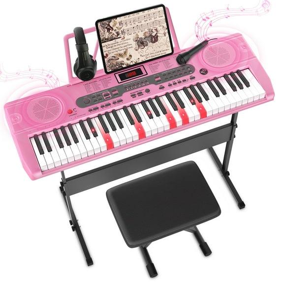 Fenbeli 61 Key Piano Keyboard with Lighted Keys Electric Keyboard Kit with Stand, Bench, Headphones, Built-in Speakers, Pink