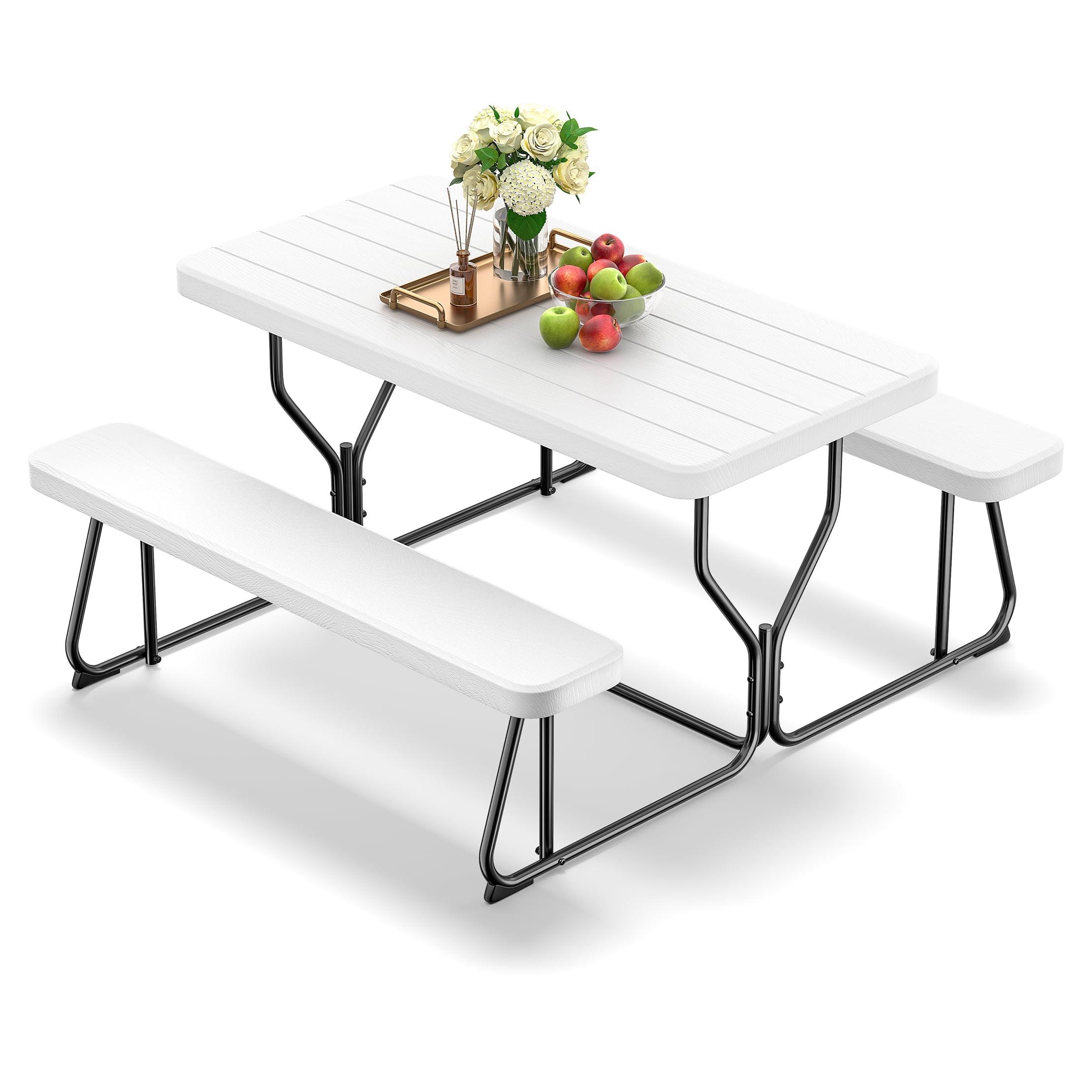 SKONYON Outdoor Picnic Table with Bench Set for BBQ, Camping, Patio, White