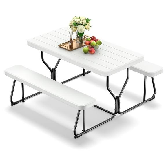 SKONYON Outdoor Picnic Table with Bench Set for BBQ, Camping, Patio, White