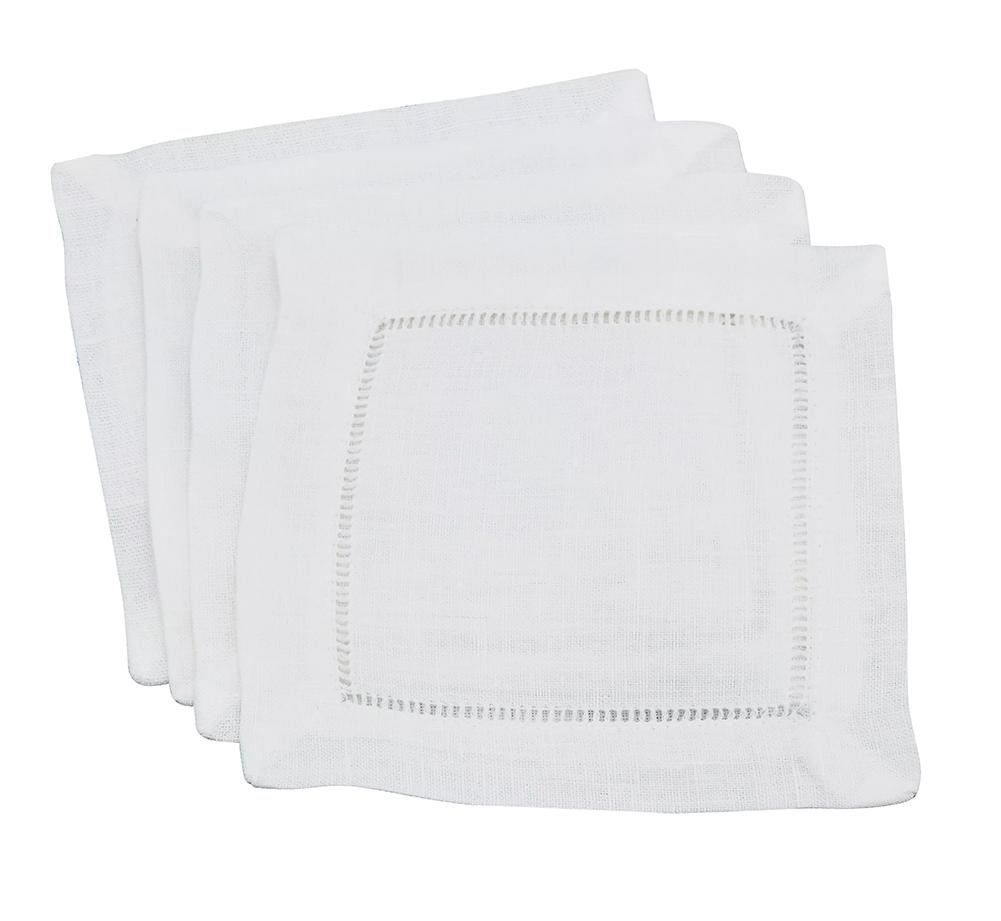 White Hemstitched Linen 6" Square Cocktail Napkins, Set of 4