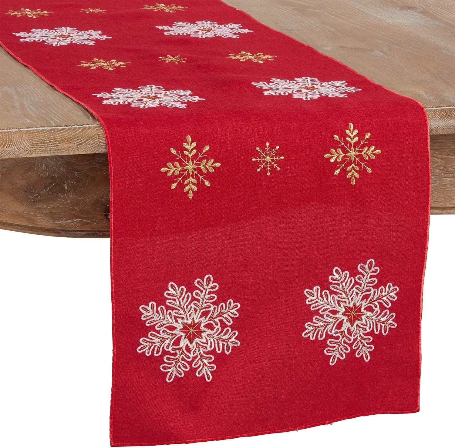 Red Embroidered Snowflake Polyester Holiday Table Runner