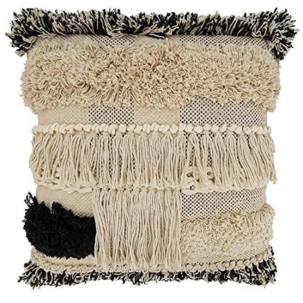 Bohemian Black & White Fringed Cotton Pillow Cover, 20"