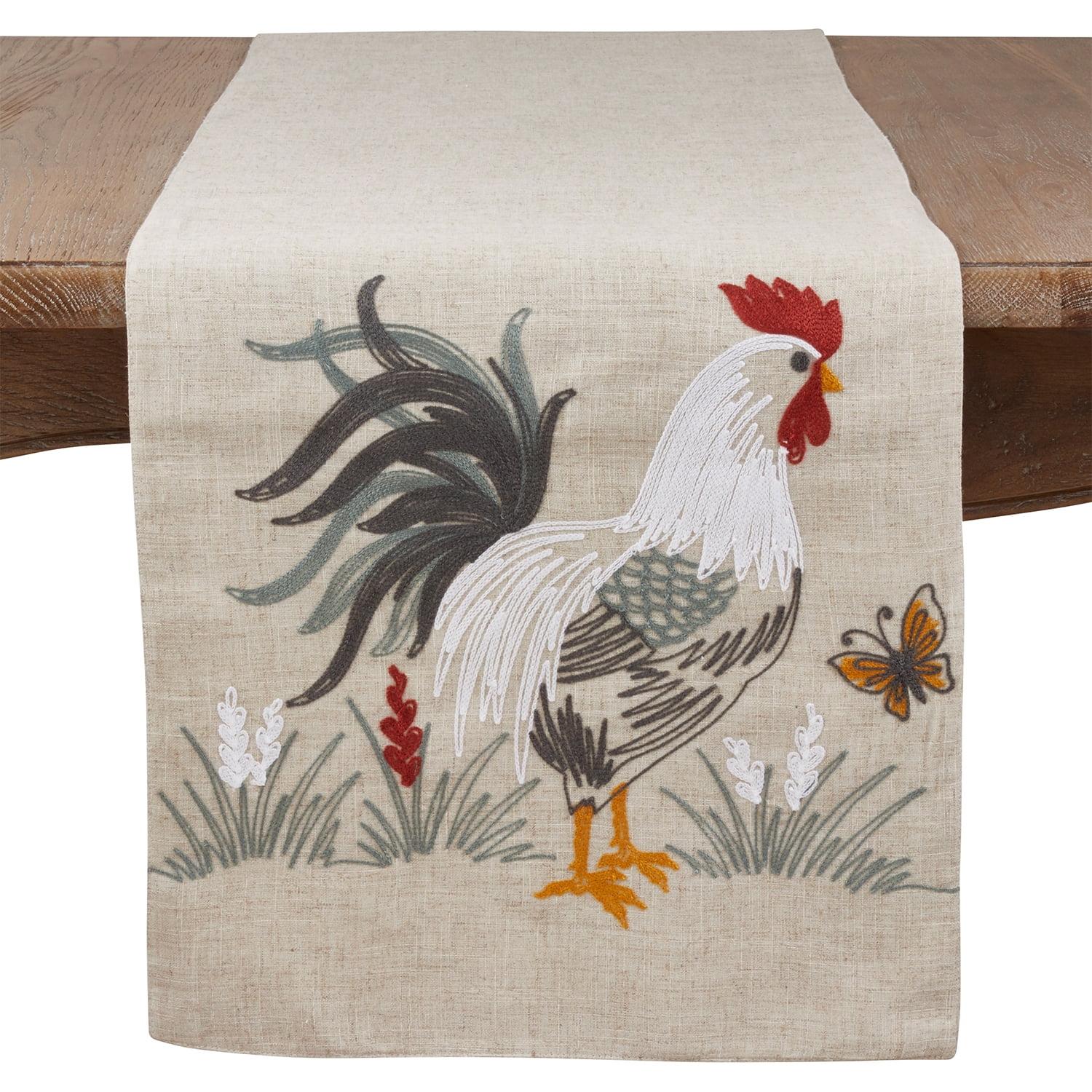 Natural Beige Embroidered Rooster Table Runner 16" x 70"