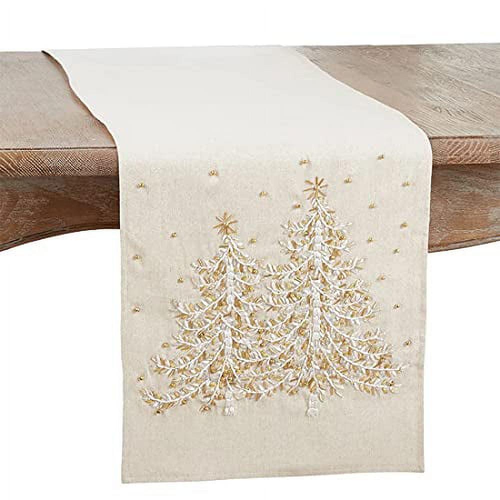 Natural Embroidered Christmas Tree Table Runner, 14" x 72"