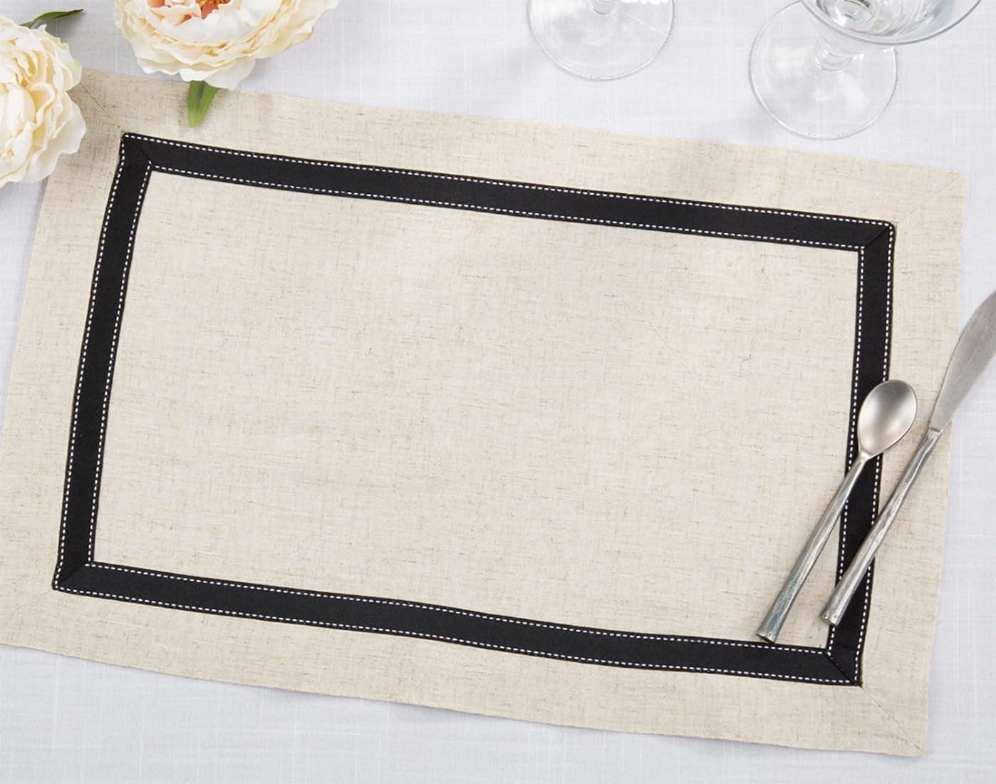 Cream and Black Grosgrain Accent Placemats, Set of 4, 14"x20"