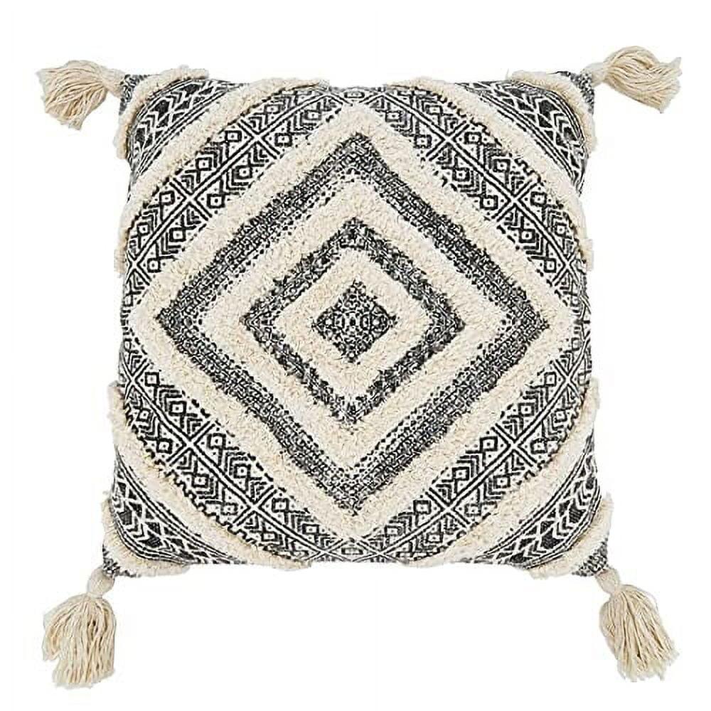 Black and Beige Tufted Diamond Block Print Pillow, 20" Square