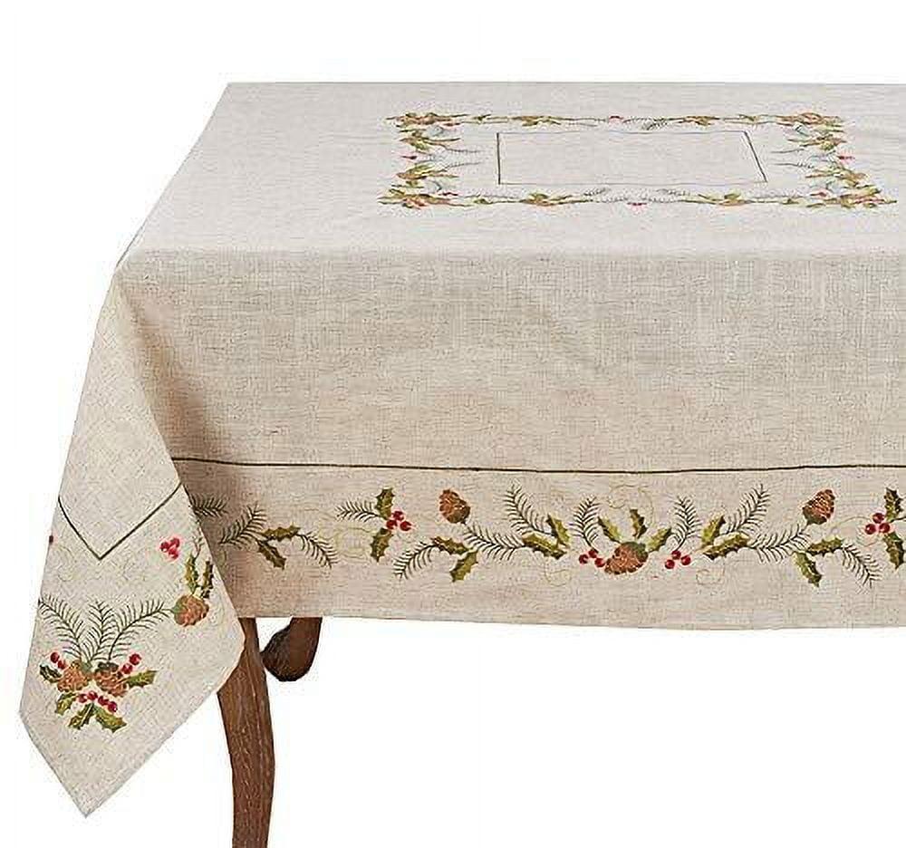 Natural Embroidered Pinecone and Holly Christmas Tablecloth 67" x 140"