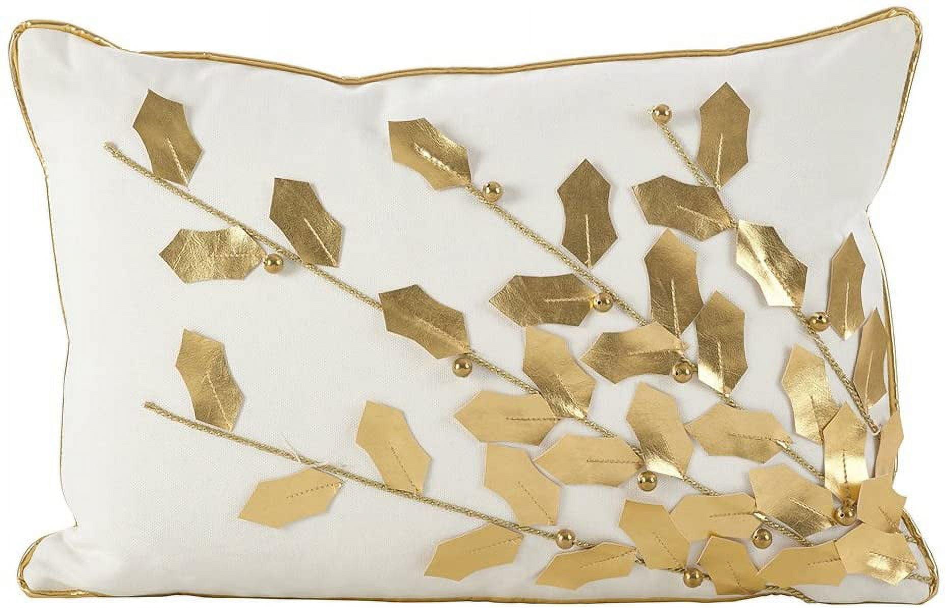 Metallic Poinsettia Branch Design Holiday Cotton Throw Pillow Gold - Saro Lifestyle