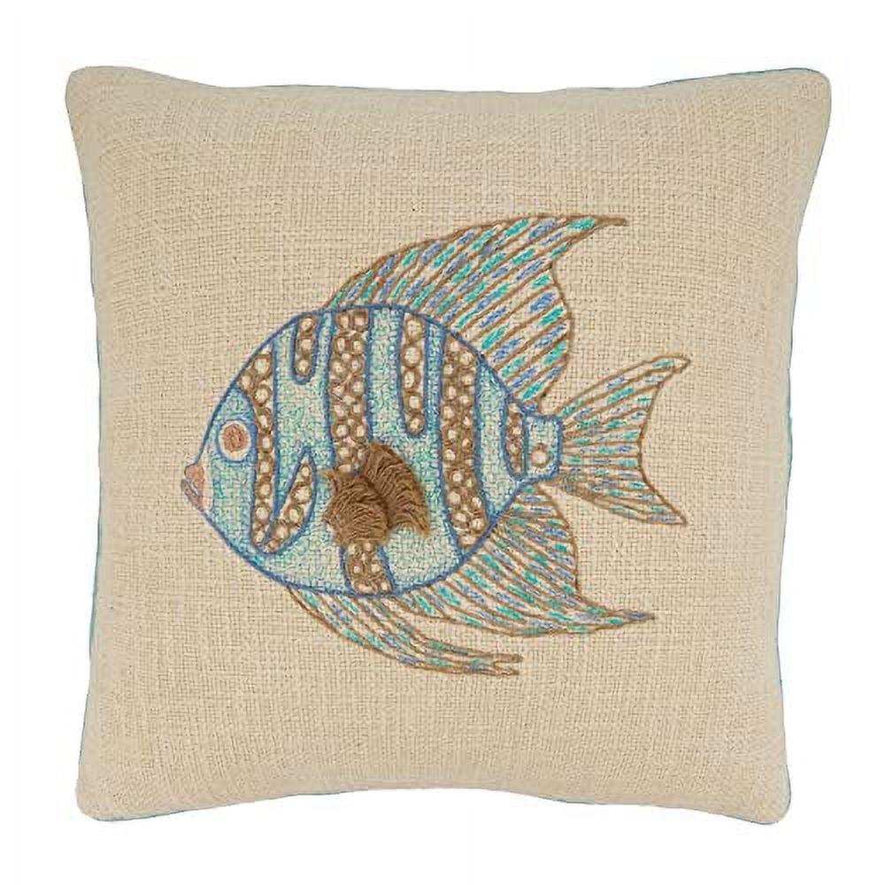 Aqua Embroidered Fish Cotton Euro Pillow Cover