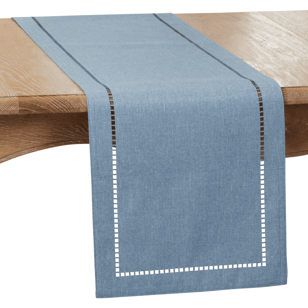 Saro Lifestyle Dining Table Runner With Laser-Cut Hemstitch Design, Denim, 14" x 54"