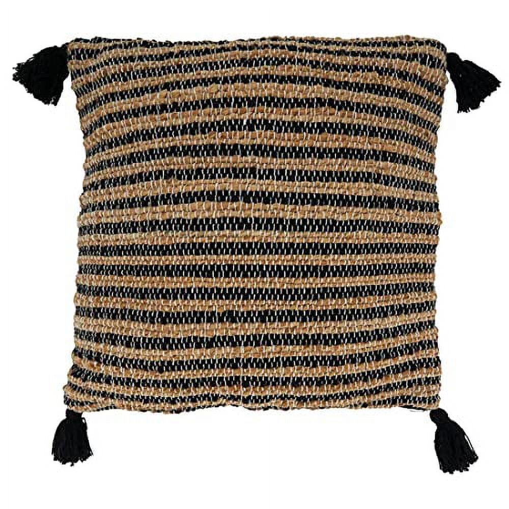 Black and Tan Striped Cotton Tassel Pillow Cover