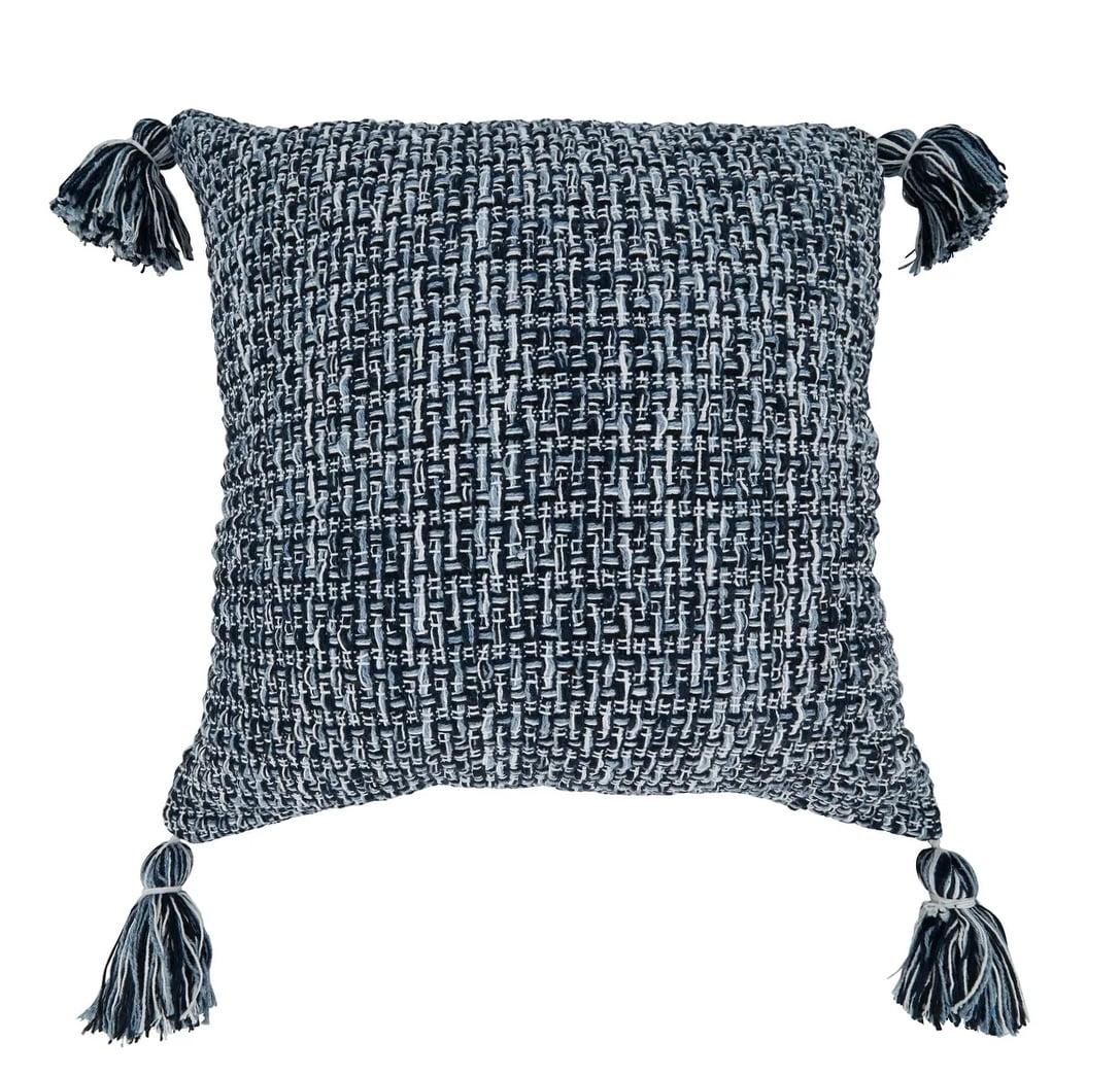 Navy Blue 22" Cotton Woven Tassel Throw Pillow