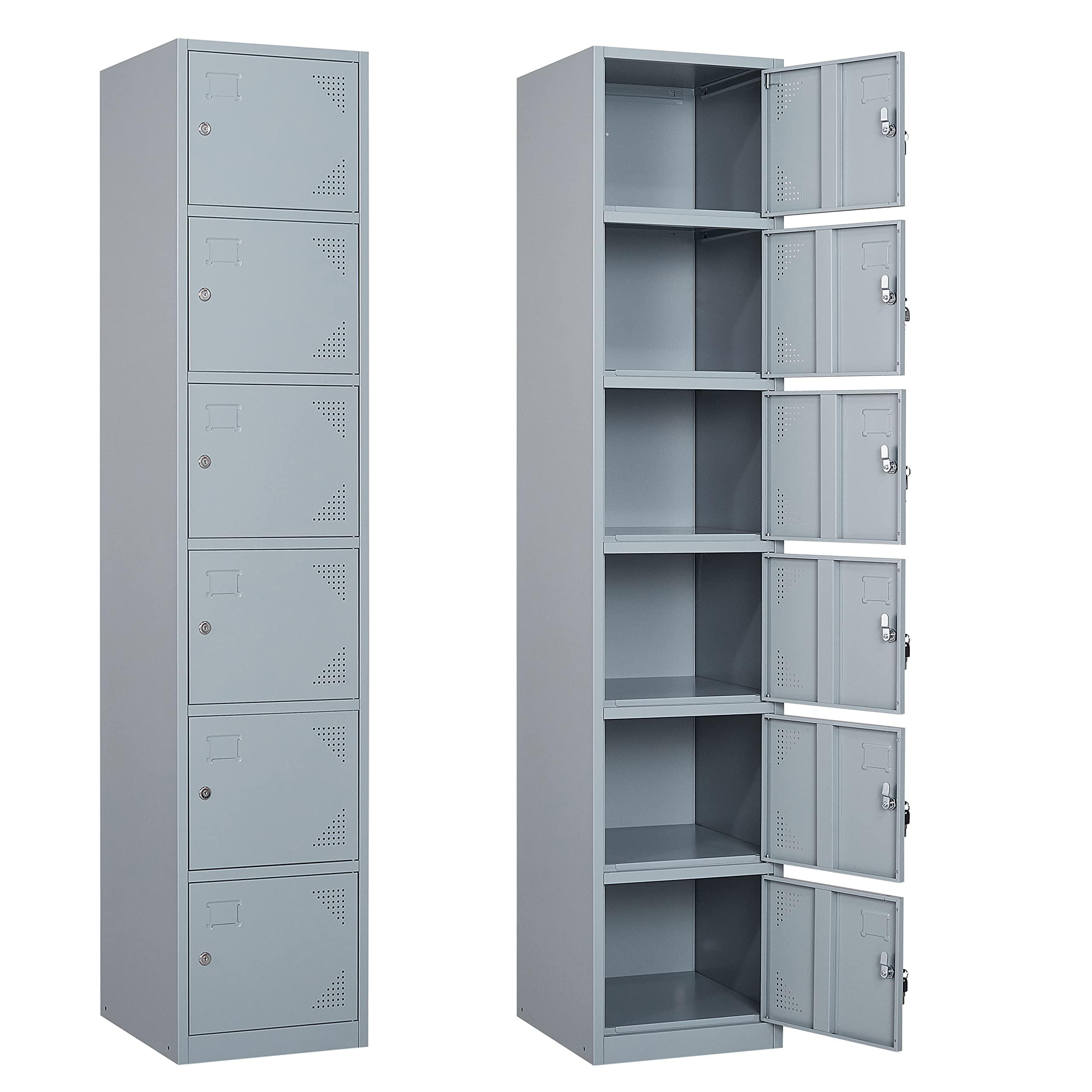 SISESOL Metal Locker Storage Cabinet with Doors and Shelves Metal Lockers with 6 Doors,71" Lockable Small Locker Storage Cabinet for Employees,School, Office, Home, Gym (Gray)