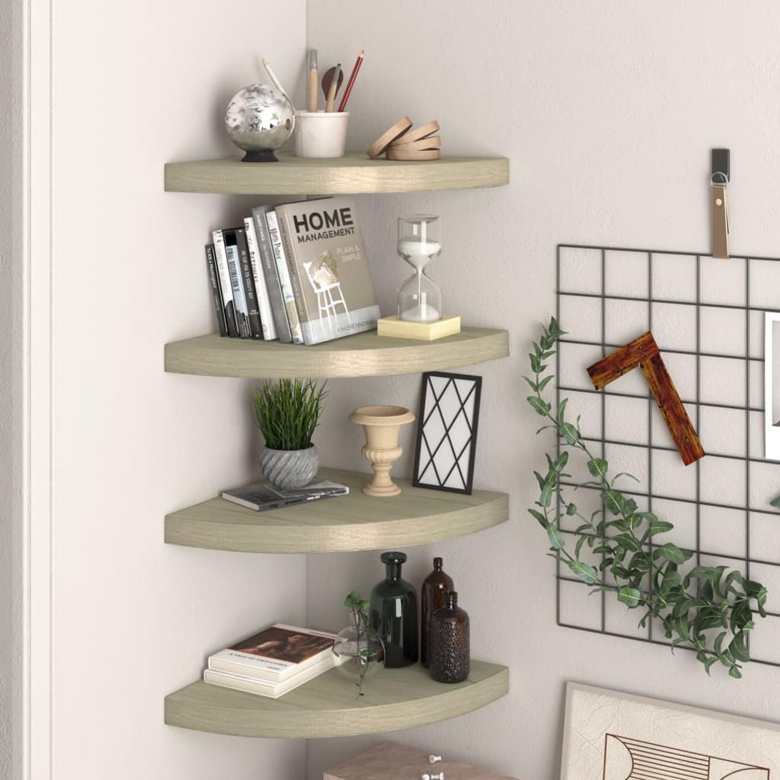 moobody 4 Piece Corner  Shelves MDF Wall Mounted Shelf Photo Display Stand Storage Rack Oak for Living Room, Bedroom, Bathroom, Home Decor 13.8 x 13.8 x 1.5 Inches (L x W x H)